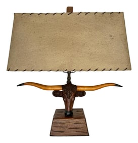 1950s Vintage A. Brandt Ranch Oak Longhorn Steer Table Lamp