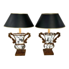 Late 20th Century Neoclassical Tole & Eglomise Mirrored Urn Motif Lamps - a Pair