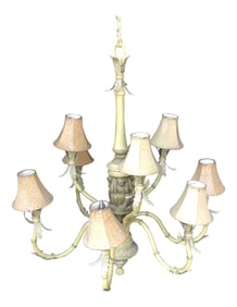 1970s Off White Large Monkey Chandelier With Printed Shades