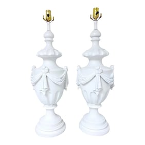 Mid 20th Century Large Hollywood Regency Neoclassical White Lacquered Draped Urn Lamps - a Pair