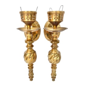 Vintage Neoclassical Style Turned Solid Brass Candle Holder Wall Sconces - Set of 2