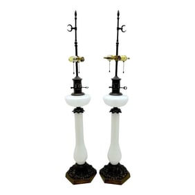Late 19th Century Tall French Neoclassical Opaline Oil Lamps, Now Electrified - a Pair