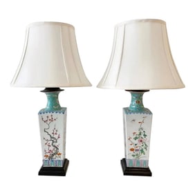 Early 20th Century Chinese Export Turquoise/ White Famille-Verte Floral Vases Now as Lamps - a Pair