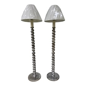 Pair, English Carved Wood & Silver Gilt Barley Twist Floor Lamps