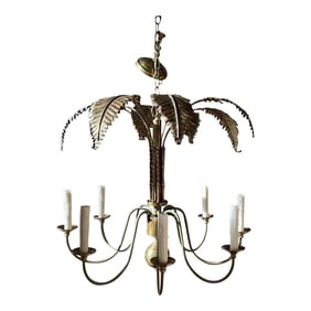 Vintage Brass Palm Frond Leaf Tree 8 Light Chandelier Faux Bamboo Palm Beach