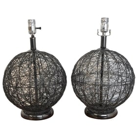 Late 20th Century Pair of Mid-Century Spun Gun Metal Sphere Lamps