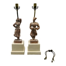 Pair, Yasha Heifetz "Male & Female Dancer" MCM Carved Wood Table Lamps