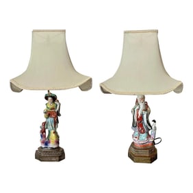 1940s Chinoiserie Famille Rose Figural Lamps God & Goddess of Longevity With Pagoda Shades - a Pair
