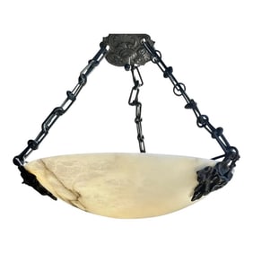 French Antique Alabaster Bowl Hanging Light Fixture, 1930s
