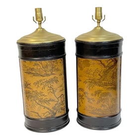 1960s French Neoclassical Toile Decoupage & Wood Column Lamps - A Pair