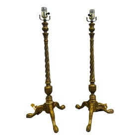 Pair, Vintage Italian Barley Twist Chippendale Style Gilt Wood Table Lamps