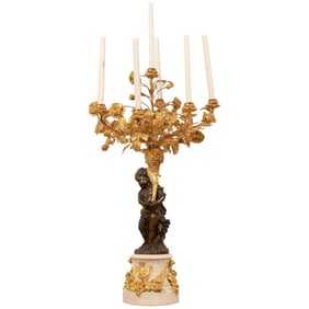 Late 19th Century Monumental Single Louis XVI Style Ormolu and Patinated Seven-Light Candelabra