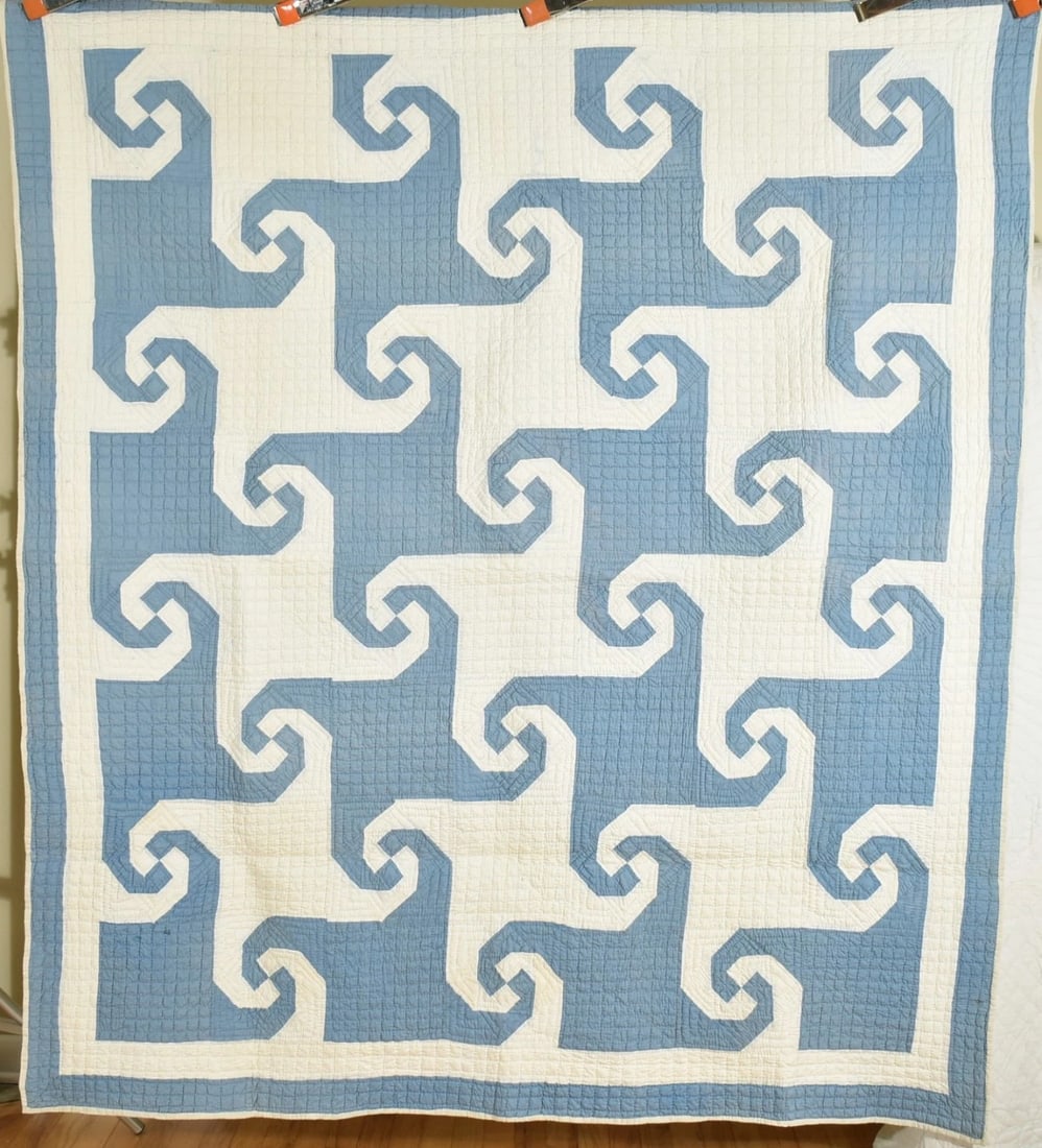 20's Blue & White Indiana Puzzle Quilt: This BEAUTIFUL cotton 20's / 30's slate blue and white "Indiana puzzle" quilt is all hand pieced and hand quilted, with a graphic Escher-like pinwheel design where the white background mimics the blue