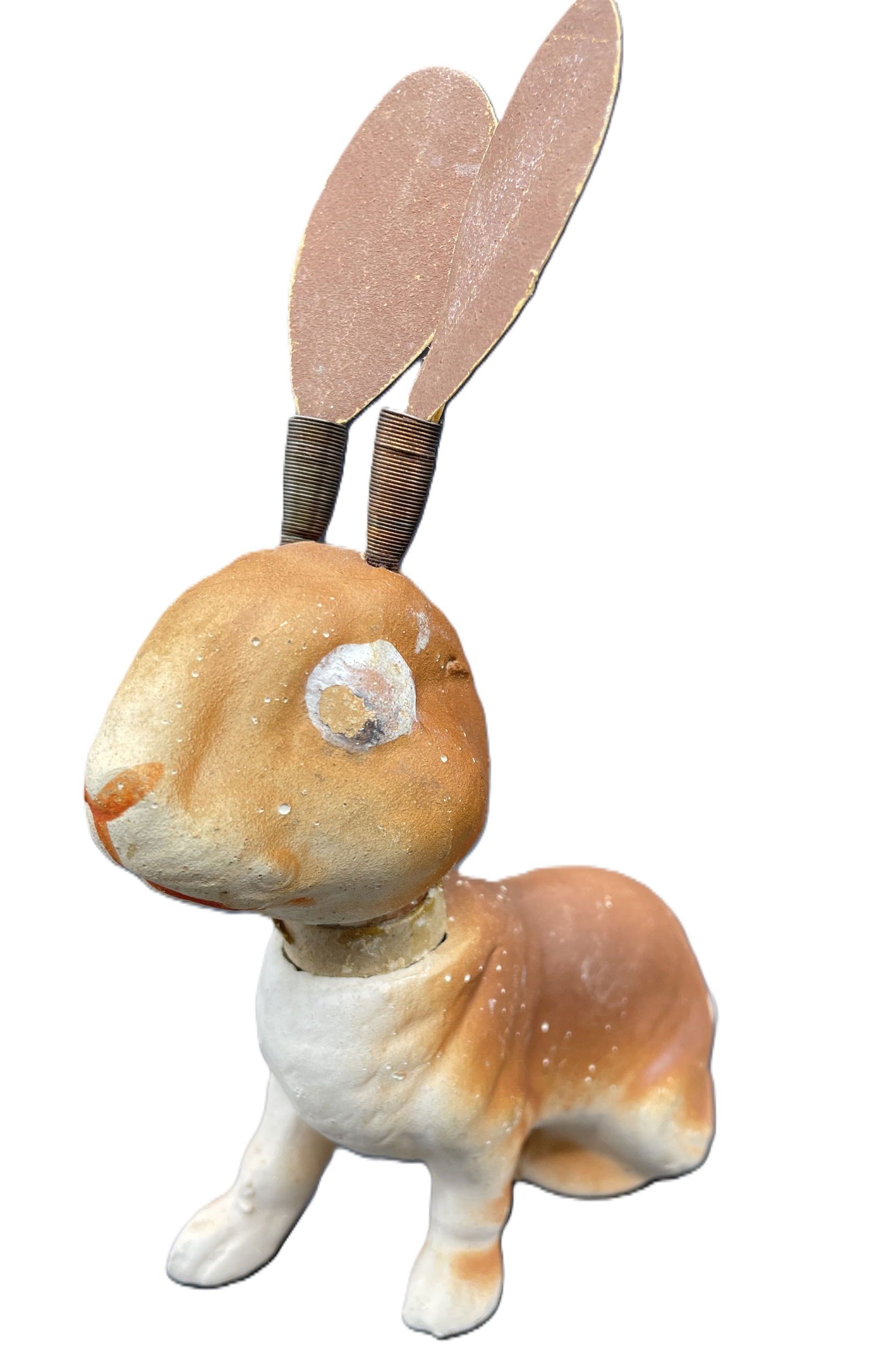 Old EASTER BUNNY RABBIT CANDY CONTAINER W/ WIGGLY EARS-HEAD- W GERMANY: Title: Old EASTER BUNNY RABBIT CANDY CONTAINER W/ WIGGLY EARS-HEAD- W GERMANY Date/Period: approx 1950's Dimension: approx. 6 x 4.5 x 2 Material: bisque, paper, metal Additional Information: Old EASTE