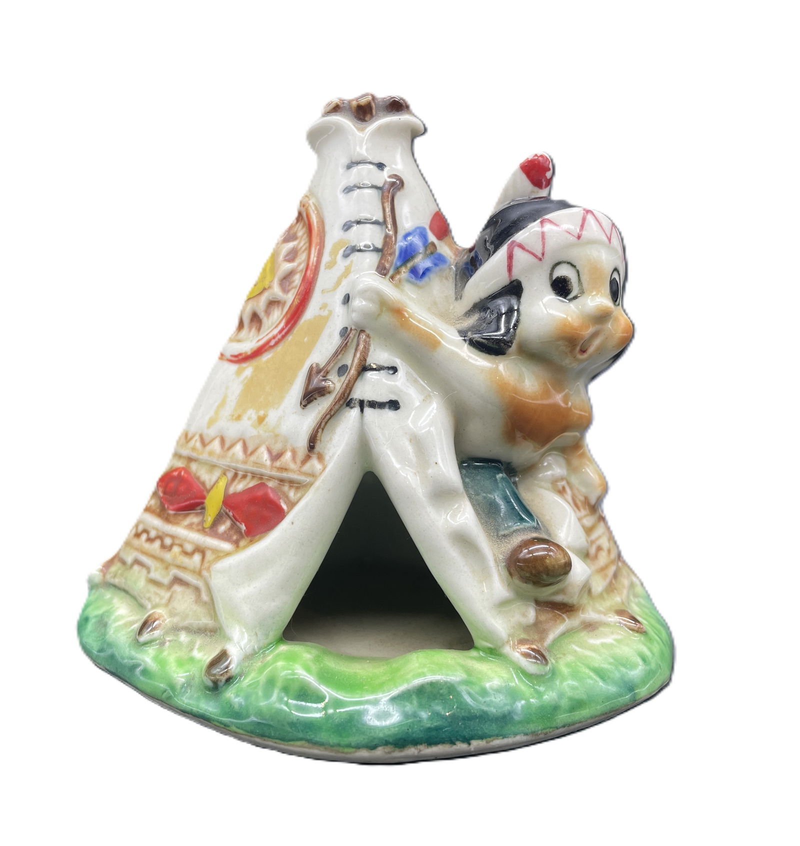 VINTAGE 1950's CERAMIC INCENSE BURNER SMOKER ASHTRAY INDIAN BOY TEEPEE (1 of 8)
