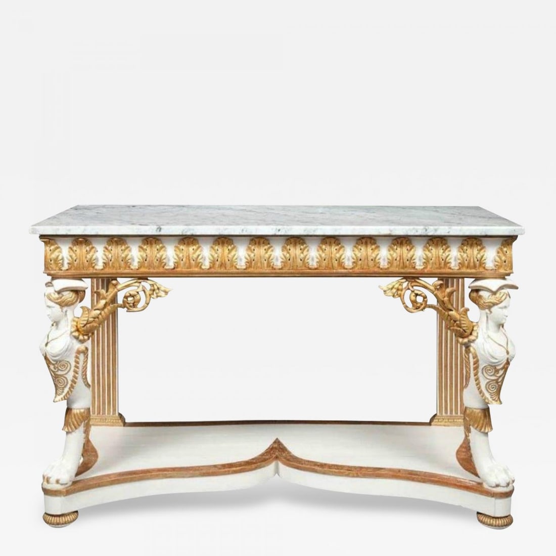 Italian Empire White Painted and Parcel-Gilt Console Table, circa 1825: Title: Italian Empire White Painted and Parcel-Gilt Console Table, circa 1825Description: Simply stunning Italian Empire white painted and parcel-gilt decorated console table, circa 1825. The white ma