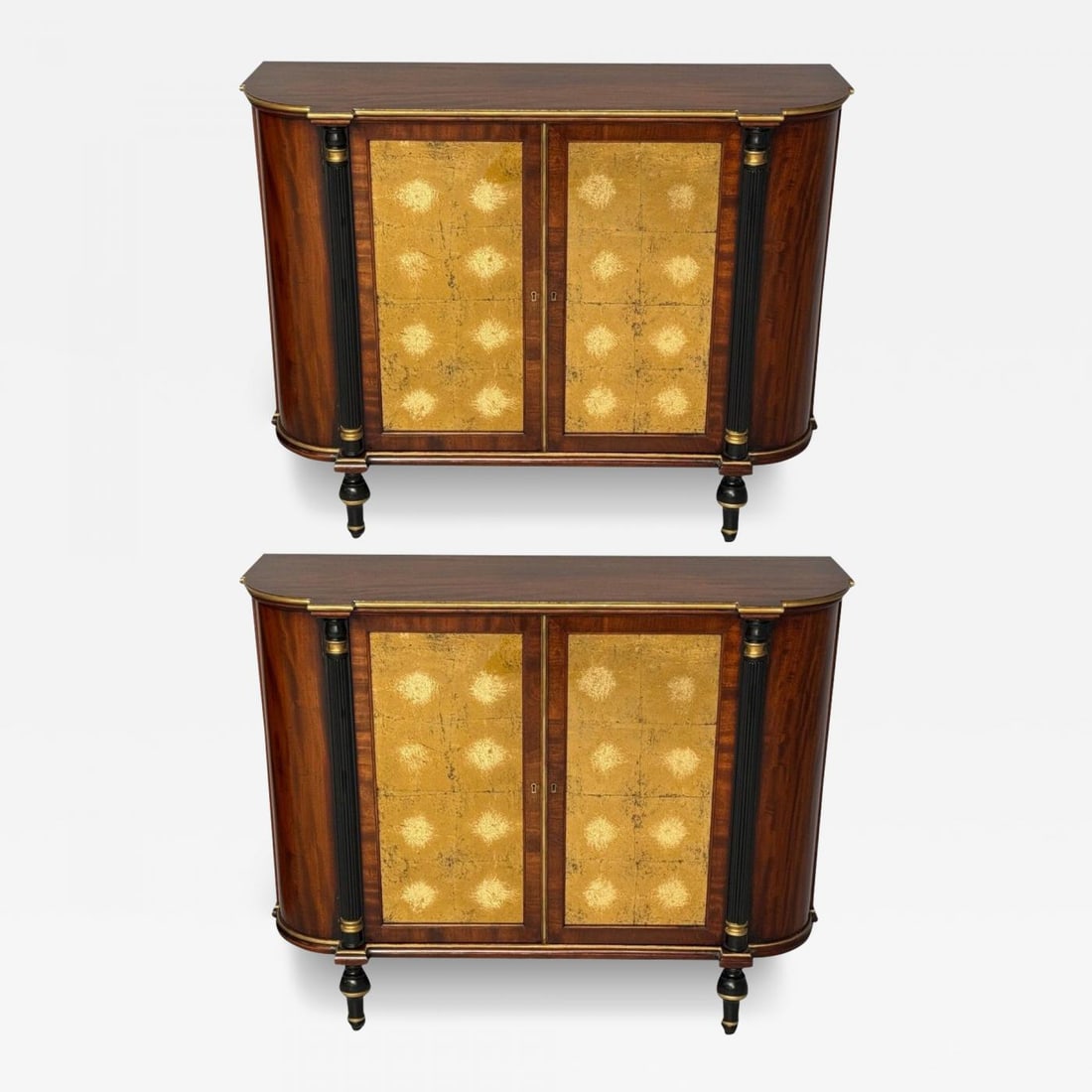 Maison Jansen Style, Console Table Cabinets, Flame Mahogany, Eglomise Glass: Title: Maison Jansen Style, Console Table Cabinets, Flame Mahogany, Eglomise GlassDescription: Maison Jansen Style, Hollywood Regency, Console Table Cabinets, Flame Mahogany, Eglomise Glass, USA, 1970