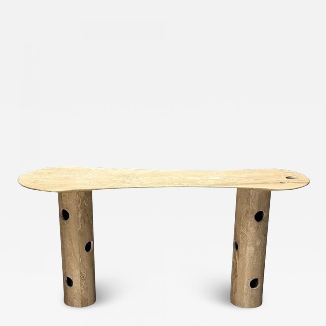 Contemporary, Organic Modern, Console Table, Double Pedestal, Beige Marble: Title: Contemporary, Organic Modern, Console Table, Double Pedestal, Beige MarbleDescription: Contemporary, Organic Modern, Console Table, Double Pedestal, Beige Marble, Travertine Contemporary consol