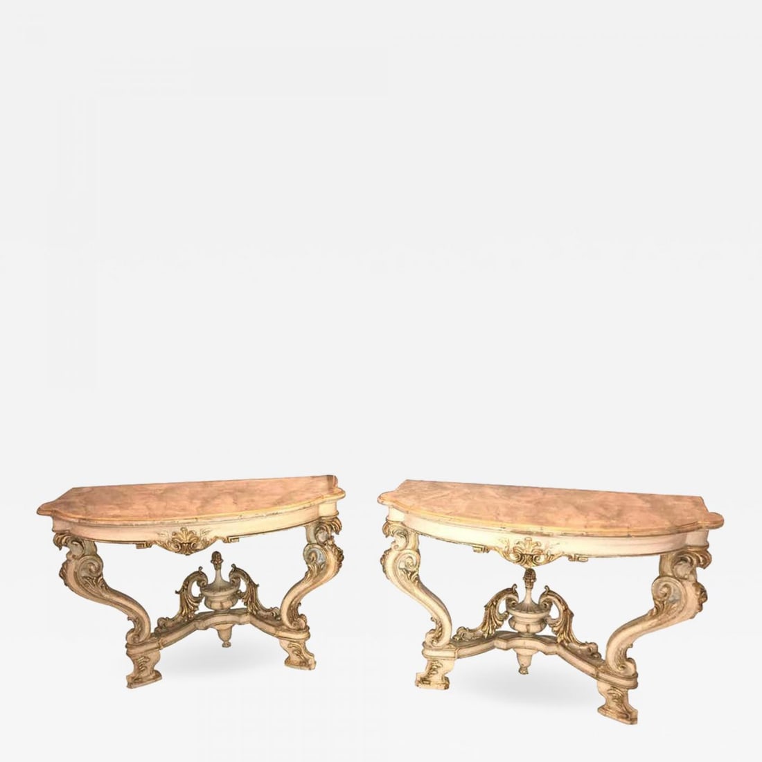 Pair of Italian Parcel Paint and Gilt Decorated Faux Marble-Top Console Tables: Title: Pair of Italian Parcel Paint and Gilt Decorated Faux Marble-Top Console TablesDescription: A pair of Italian parcel wonderfully paint and gilt decorated demilune faux marble-top console or sofa