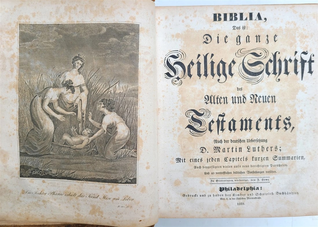 1829 BIBLE in GERMAN antique AMERICANA Philadelphia ILLUSTRATED w/ MAPS: BIBLE OLD AND NEW TESTAMENT Illustrated Original leather binding Lacks 1 clasp Good interior condition, wear of the leather, foxing, some toning. Size 9 by 11" Thickness 3.5" Text in German ----------