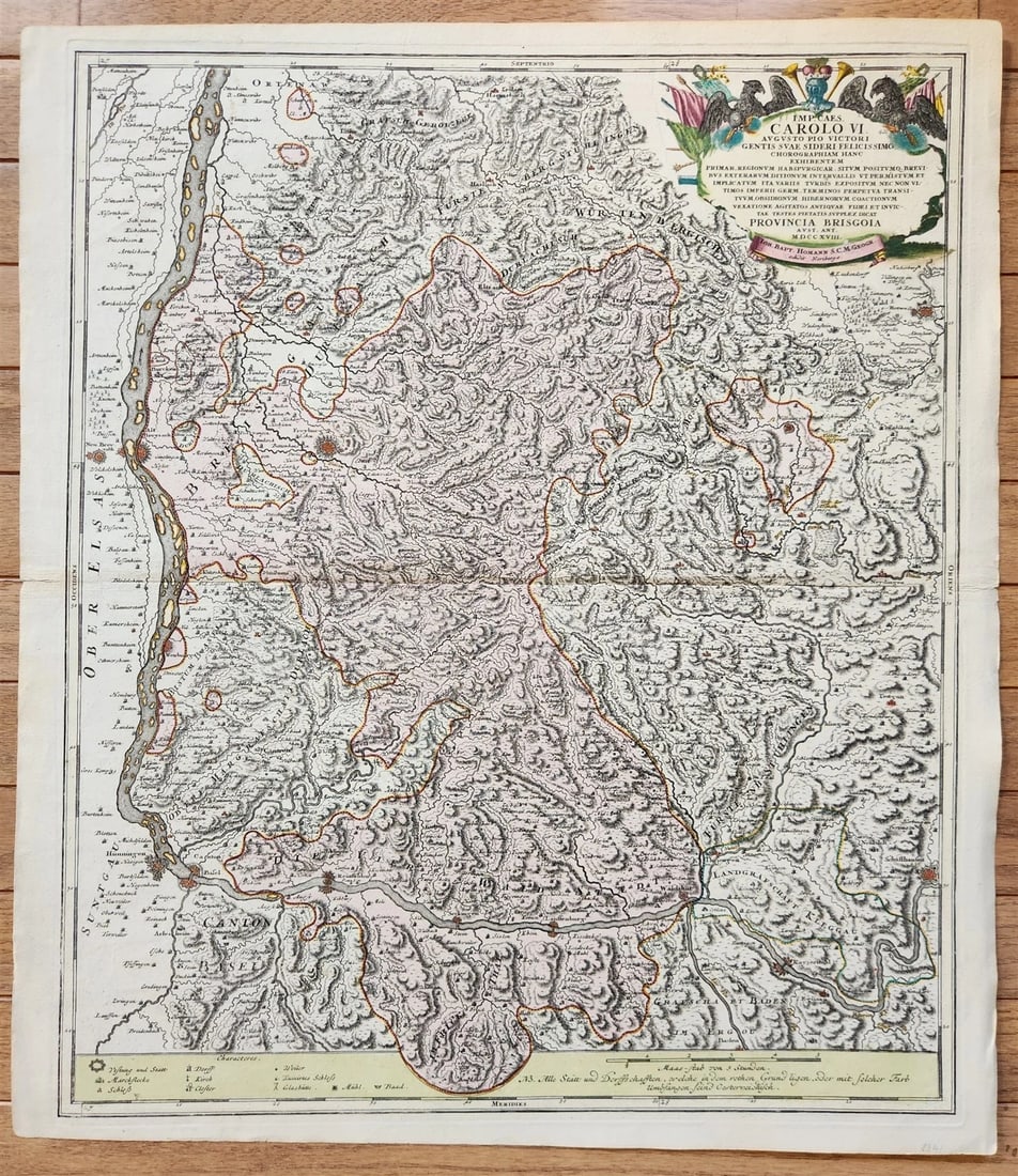 1718 Breisgau Soutwest Germany antique MAP antique PROVINCIA BRISGOIA: PROVINCIA BRISGOIA (Breisgau, Soutwest Germany) Ioh. Bapt. Homann; 1718 Hand-colored copper engraving on paper Size 21 by 24.5 inches Good condition, fold in the middle Reserve: $172.00 Shippi