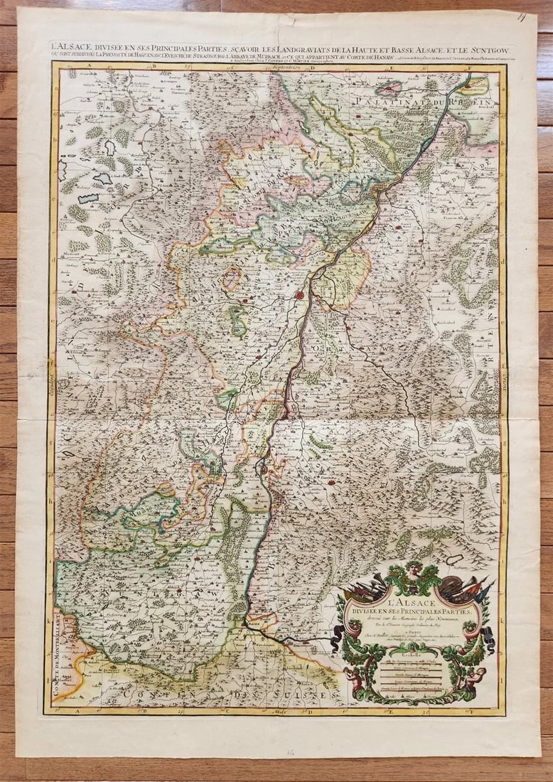 1692 ALSACE FRANCE antique MAP large size 25 by 35.5 inches 17th CENTURY: L'ALSACE divisee en ses Principales Parties by Jaillot, Alexis Hubert (1632-1712) and Nicolas Sanson d'Abbeville (1600-1667) Paris: H.Iaillot; c. 1692 Hand-colored copper engraving on paper Size 25 by