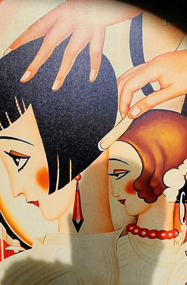 By Gerda Wegener. Rare large vintage canvas print of the deco sign entitled "Love Is In The Hair".: The image is a vintage canvas print of an oil painting reproduction of the iconic deco metal sign titled "Love Is In The Hair," featuring artwork by Danish artist Gerda Wegener, known for her Art Deco