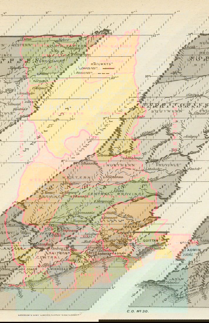 The Gold Coast showing provinces & railways. Ghana. Waterlow 1919 map: [The Gold Coast]. Waterlow & Sons Ltd., London Wall, London. Published 1919. Antique colour map. Size 22 x 14 cm | 8.5 x 5.5 inches. Condition: Good; suitable for framing. Please check the scan for an