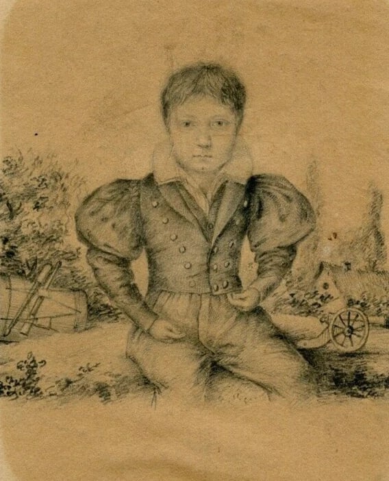 Original Antique 19th century Pencil Drawing Portrait, Young Boy, Landscape: Title: Original Antique 19th century Pencil Drawing Portrait, Young Boy, Landscape Description: Pencil on paper 7.45 x 5.7 inches / 19 x 14,5 cm stick on paper, stains Reserve: $40.00