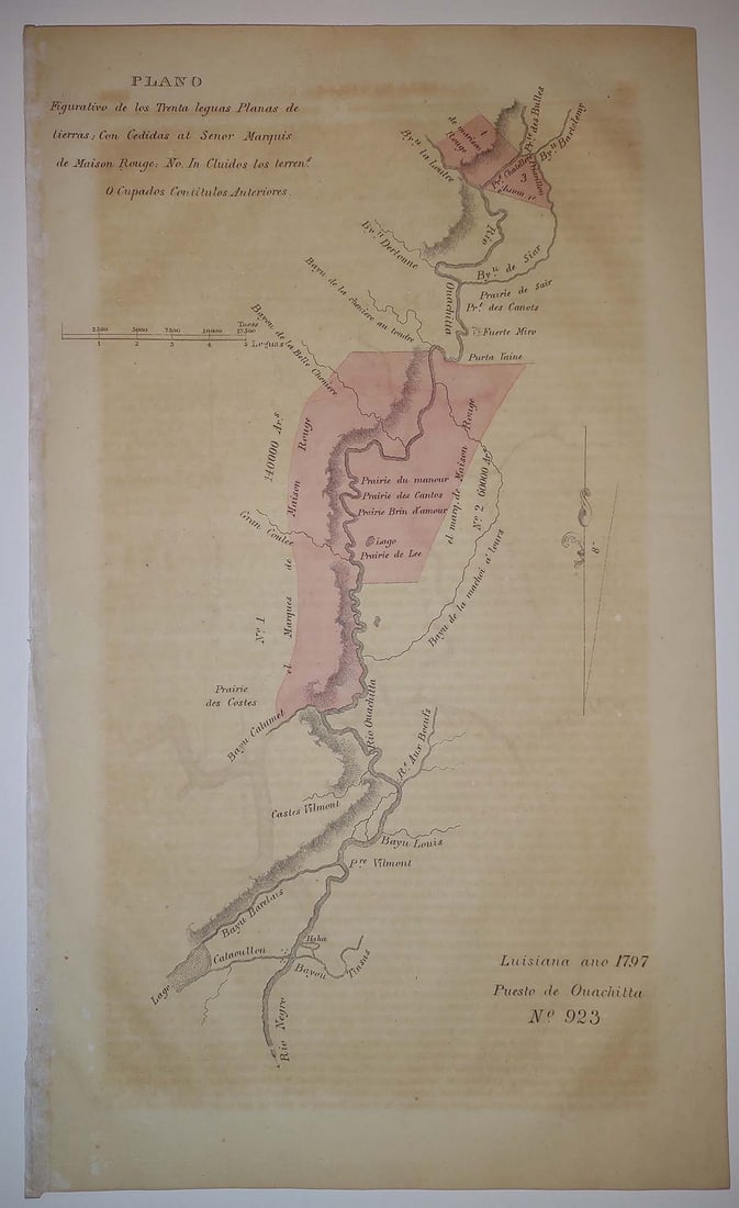 Luisiana Ano 1797 Puesto De Ouacchitta No. 923: Publication Date: 1834 Title: Luisiana Ano 1797 Puesto De Ouacchitta No. 923 Cartographer: ANONYMOUS Height: 7.8 Width: Good "Plano figurativo de los trenta leguas planas de tierras, con cedidas al Se