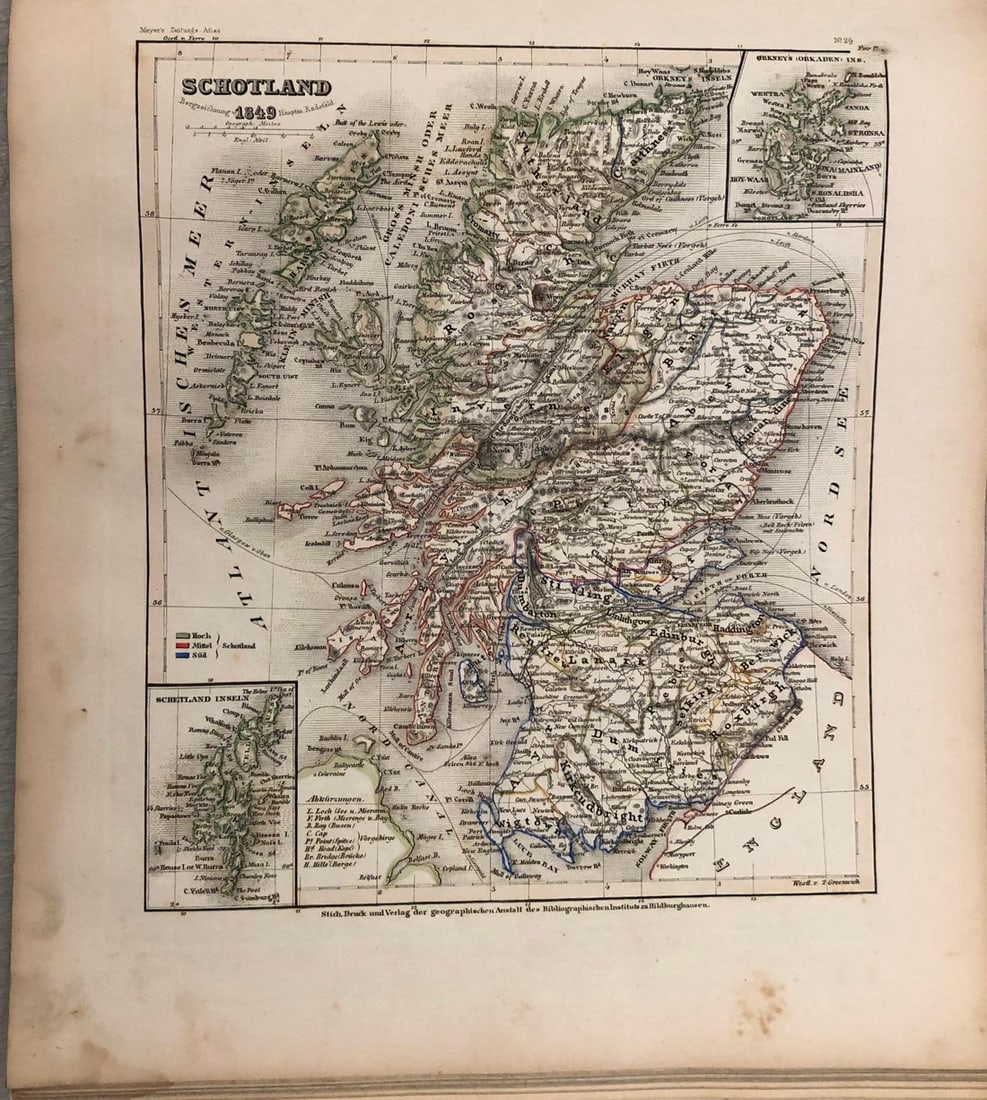 1849 Meyer Map of Scotland -- Schotland: Title: 1849 Meyer Map of Scotland -- Schotland Cartographer: J Meyer Year / Place: 1849, Hildburghausen Map Dimension (in.): 9.2 X 7.8 in. Ths is a lovely map of Scotland. Insets are Shetland and Orkn