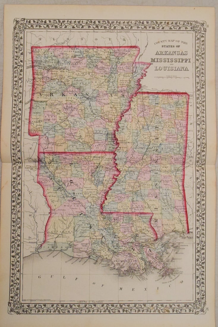 1874 Mitchell Map of Mississippi, Louisiana and Arkansas -- County Map of the States of Arkansas: Title: 1874 Mitchell Map of Mississippi, Louisiana and Arkansas -- County Map of the States of Arkansas Mississippi Louisiana Cartographer: S Mitchell Year / Place: 1874, Philadelphia Map Dimension (i