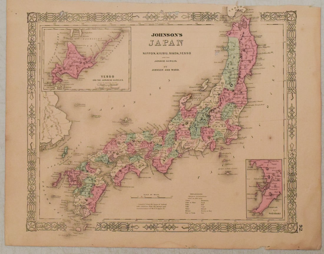 1863 Johnson Map of Japan -- Johnson's Japan Nippon, Kiusiu, Sikok, Yesso and the Japanese Kuriles: Title: 1863 Johnson Map of Japan -- Johnson's Japan Nippon, Kiusiu, Sikok, Yesso and the Japanese Kuriles Cartographer: Johnson & Ward Year / Place: 1863, New York Map Dimension (in.): 13 X 15.5 in. T