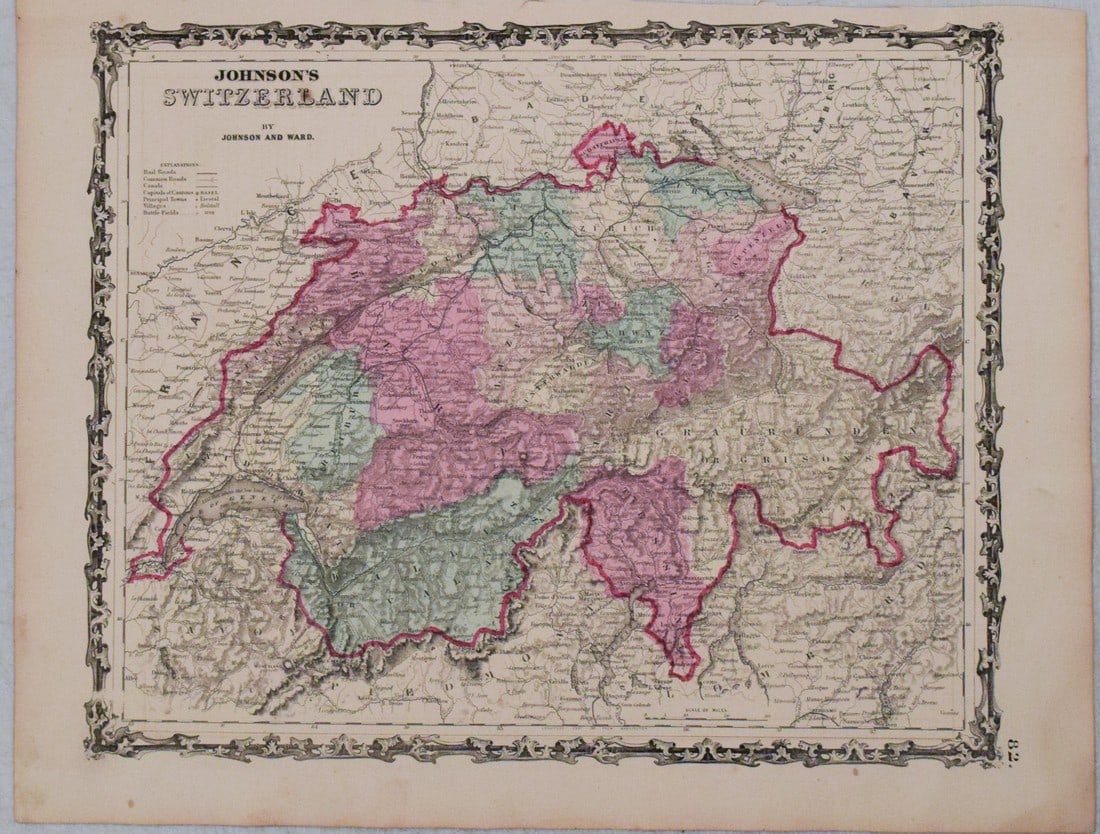 1863 Johnson Map of Switzerland -- Johnson's Switzerland: Title: 1863 Johnson Map of Switzerland -- Johnson's Switzerland Cartographer: Johnson & Ward Year / Place: 1863, New York Map Dimension (in.): 12.4 X 15.5 in. This is a superb map of Switzerland. Much