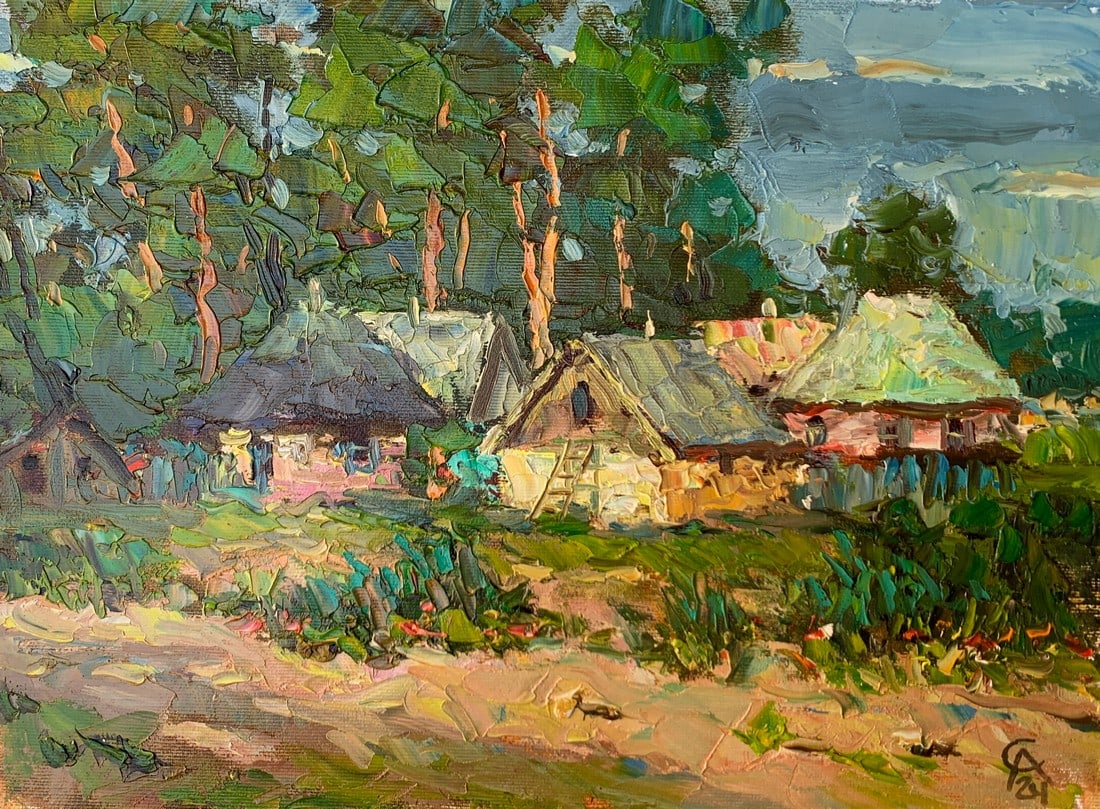 Oil painting forest houses Sergey Ivanovich Animov: 375DDD Painter: Sergey Ivanovich Animov Sіze: 26x37 cm/10.23x14.56 inches Components: canvas, oil Original painting from our collection ERA: modern About the artist: Serhiy Ivanovych was born on