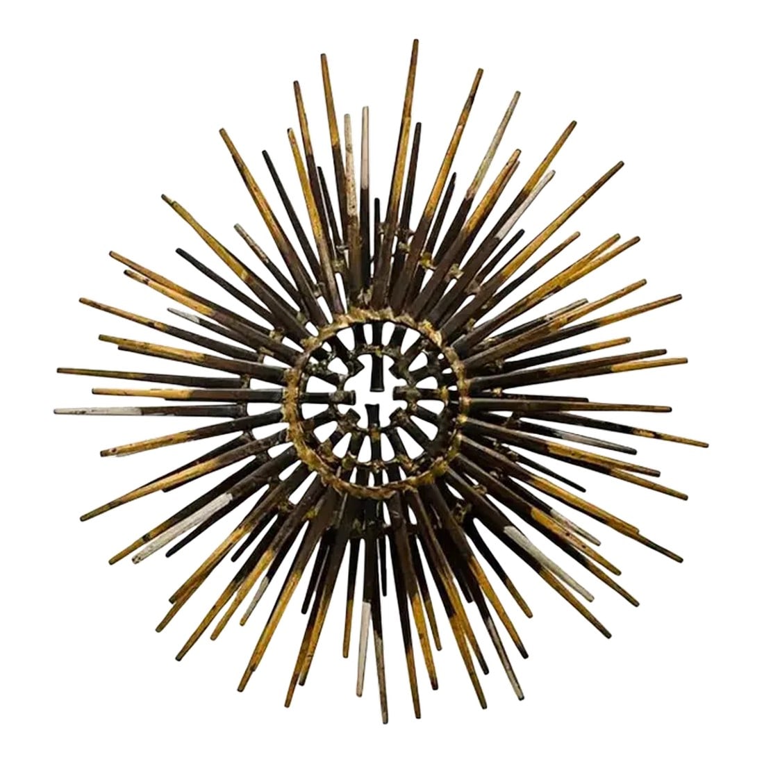 Mid 20th Century Diminutive Gilt Iron Two-Tier Sunburst Wall Sculpture by William Bowie: Diminutive Gilt Iron Two-Tier Sunburst Wall Sculpture by William Bowie USA, Circa 1970s, Unmarked. A fine example of William Bowie"˜s precisionly made two tier starburst wall sculpture. Ready to