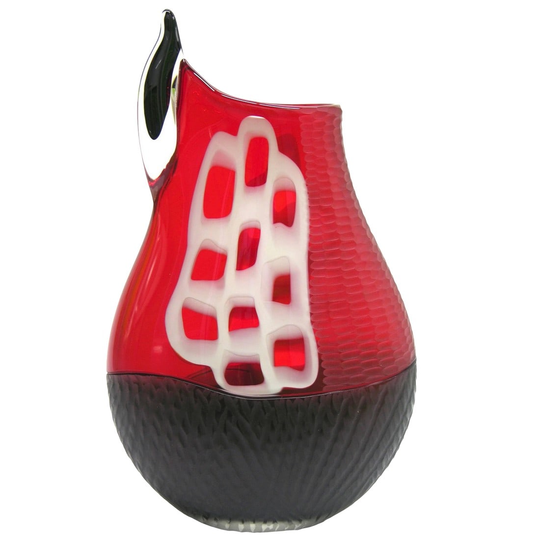 Alberto Dona 1980s Modern Sculptural Red Black White Engraved Murano Glass Vase: Sculptural Work of Art in blown Murano glass signed by Alberto Dona, a sophisticated overlaid piece worked with the incalmo technique, the black glass bottom part topped with a red upper part decorate