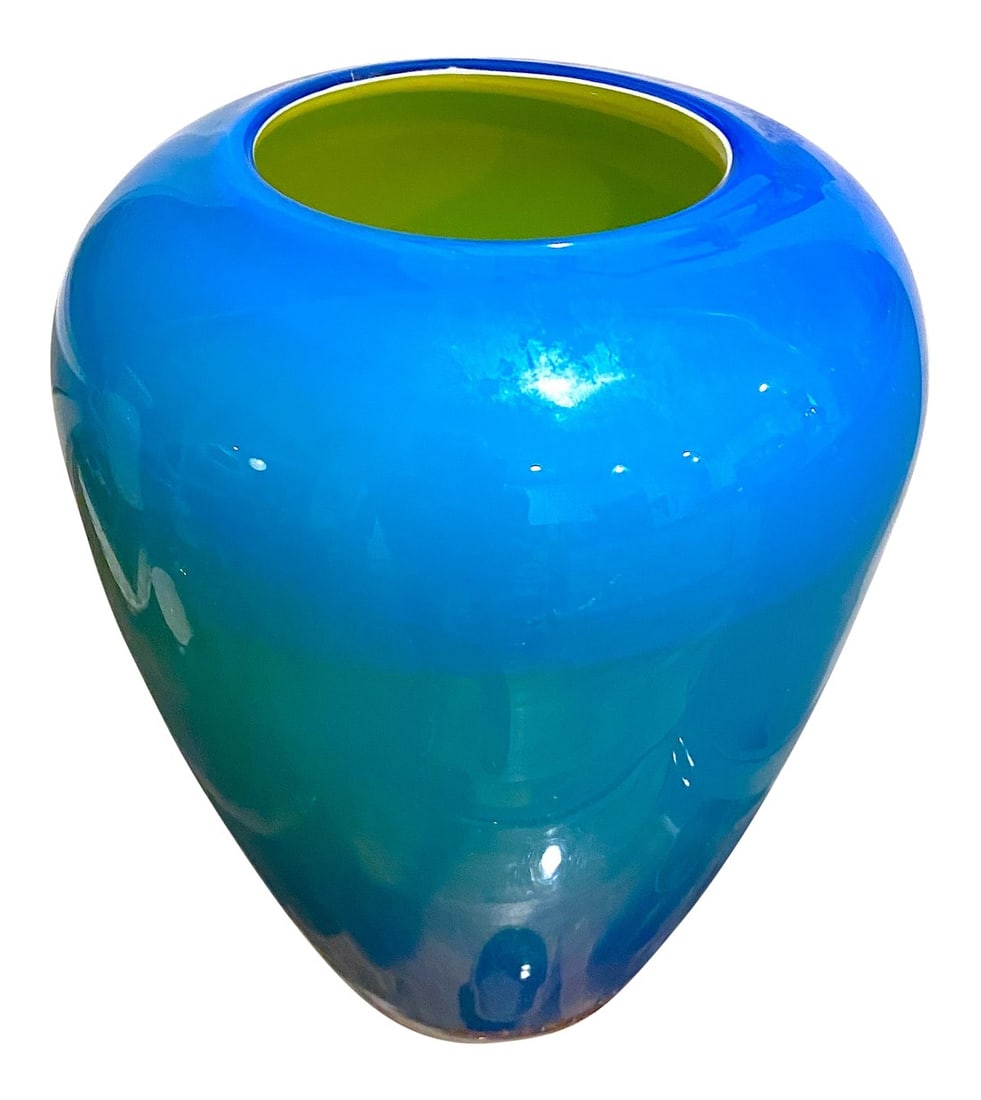 Large Glass Vase Design Anja Kjaer for Holmegaard Royal Copenhagen: Exceptional vase, Isis model, created by Anja Kjaer for Holmegaard Royal Copenhagen, baluster shape with open neck, opaque blue and green glass inside. Perfect condition. HOUSE ALIVE VINTAGE NEWS: * W