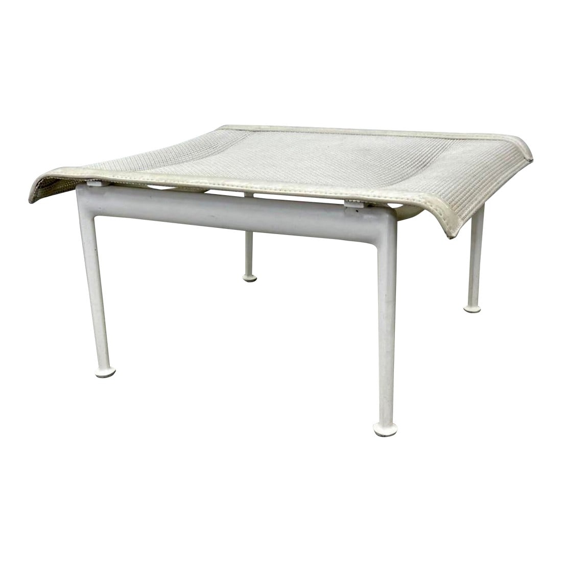 1966 Collection Outdoor Ottoman by Richard Schultz: A white outdoor ottoman designed by Richard Schultz. In the 1990s Schultz directly manufactured iconic 1966 Collection furniture originally manufactured by Knoll. The ottoman has a white mesh sling, a