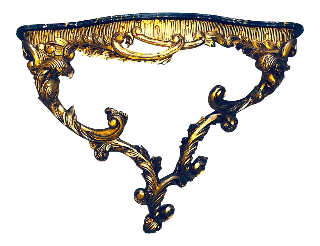 Antique Carved Gilt Wall Console - Faux Marble Top: This antique hand carved console table features water gilding over gesso frame. Faux marble painted top. Unmarked and sans any label - we feel that this lovely pieces was in all probability created in