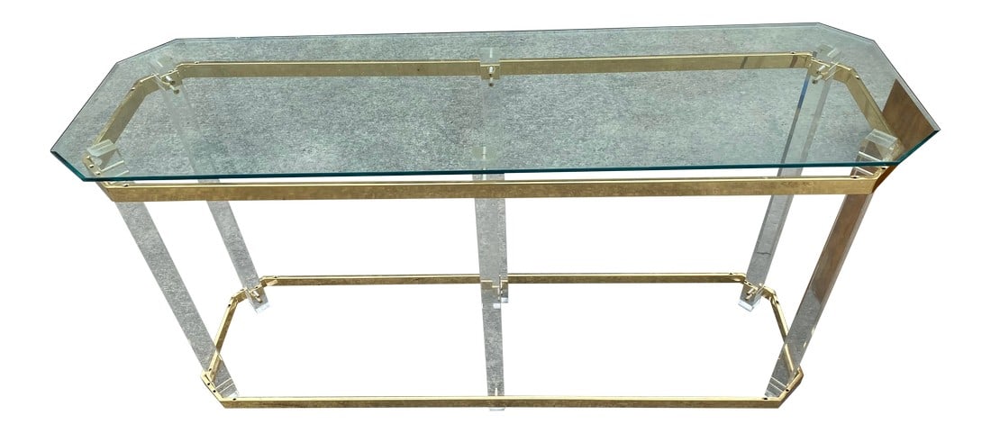 1980s Brass and Lucite Console Table: Beautiful brass and lucite console table with glass top. Perfect addition to any space and for the interior designer. Condition: Alterations: Original Condition Unaltered Imperfections: Some Imperfect
