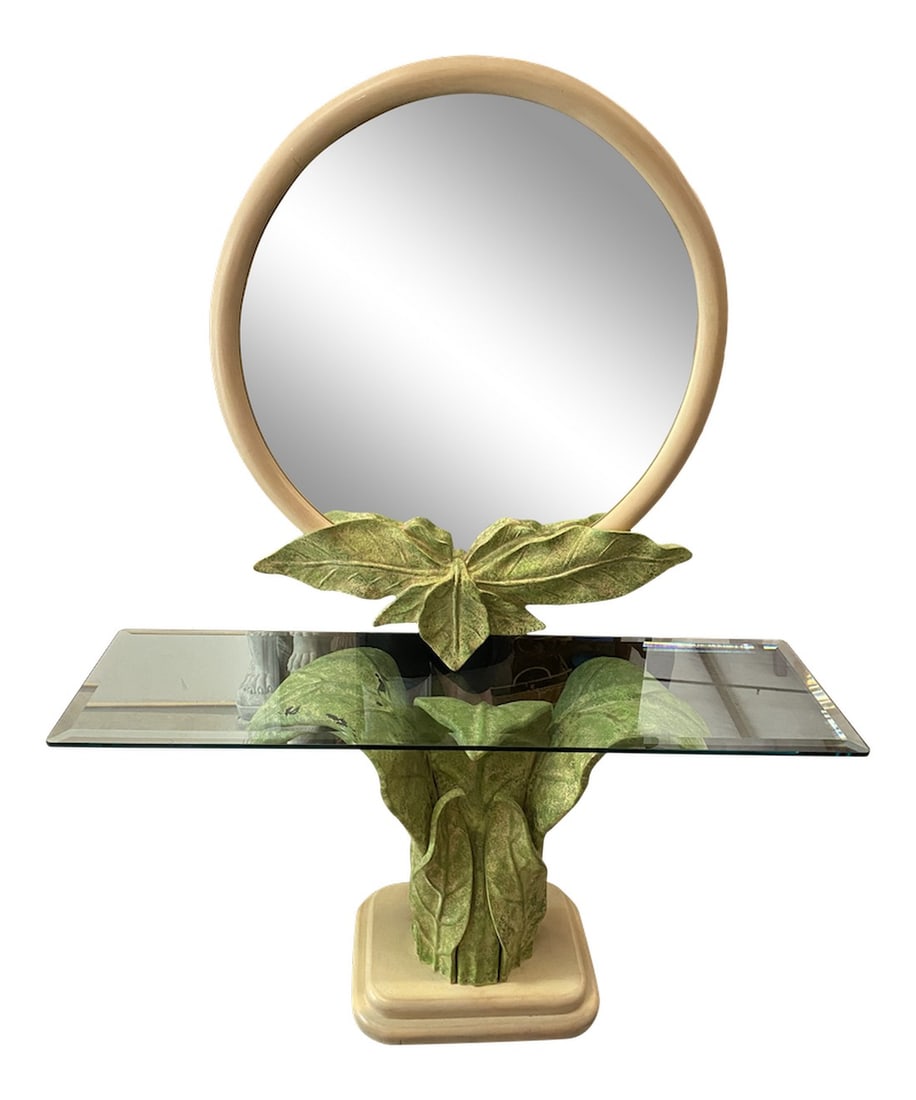 1970s Serge Roche Style Leaf Console and Mirror: Absolutely gorgeous leaf design console table and matching mirror. From an interior designers firm. Vintage and in good condition. White glove delivery service available 46.38.2 Condition: Alterations