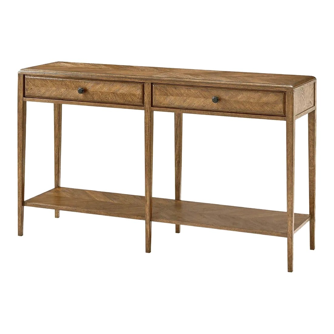 Italian Neoclassical Style Oak Console Table - Light: An Italian Neo-Classic style oak parquetry two-drawer console table accentuated with tapered legs. This beautiful two-tiered herringbone console table includes a rectangular oak parquetry top and two