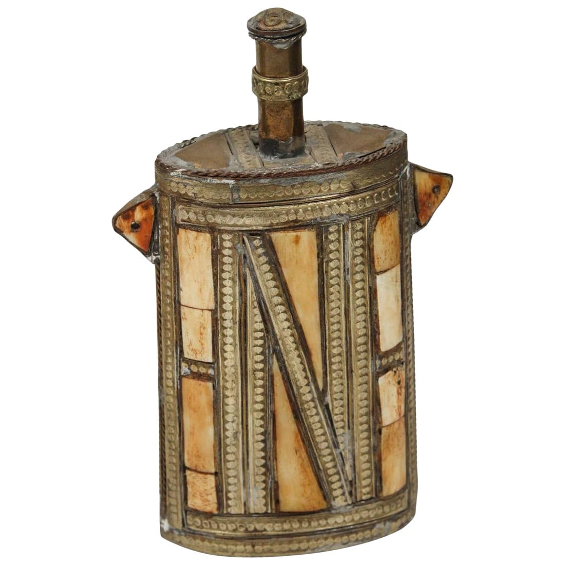 Moroccan Brass Berber Tribal Decorative Flask: Great decorative Moroccan Tribal Decorative flasks. African decorative brass with front richly decorated with embossed brass and stone overlay. The valve stem turns and open. Truly a conversation muse