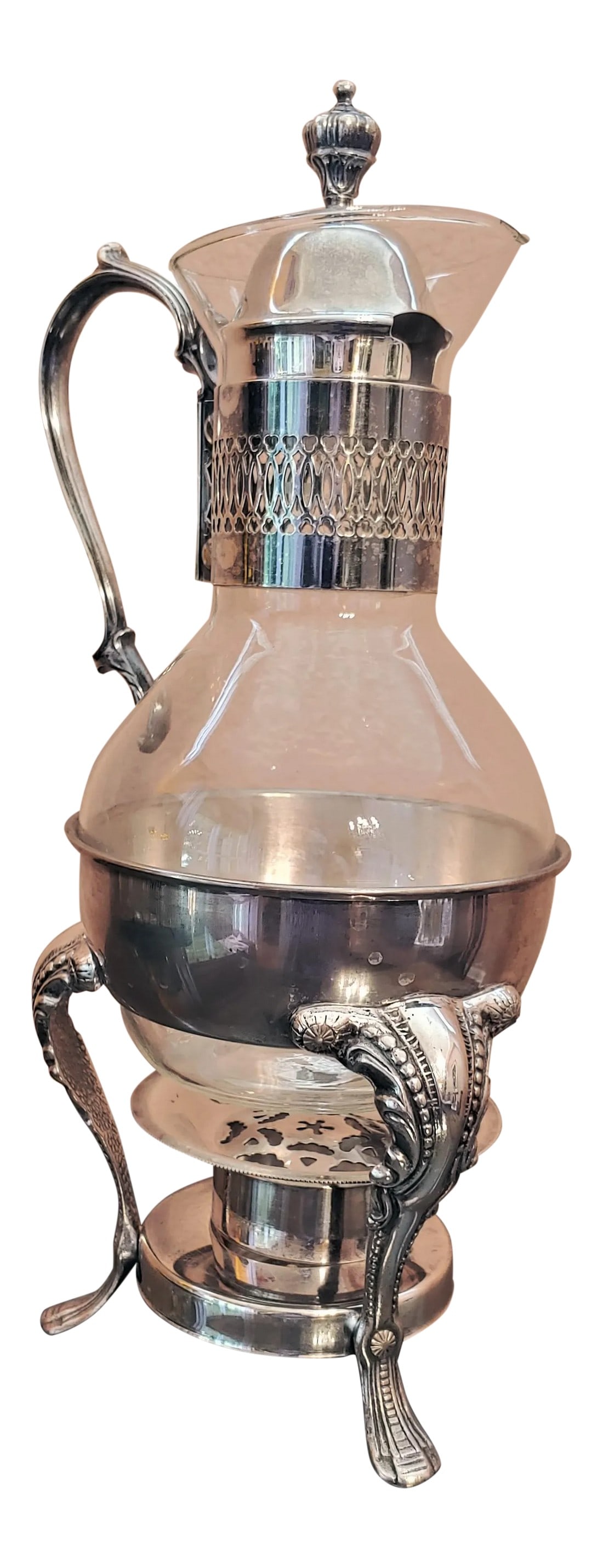 Early 20th Century Silver Plate Wine or Spirits Decanter With Warmer: Rare to find today, American silver plated spirits decanter with tea-light warmer. It can also be used for coffee or tea service. This piece dates to the early 20th century, probably from the 1920s or