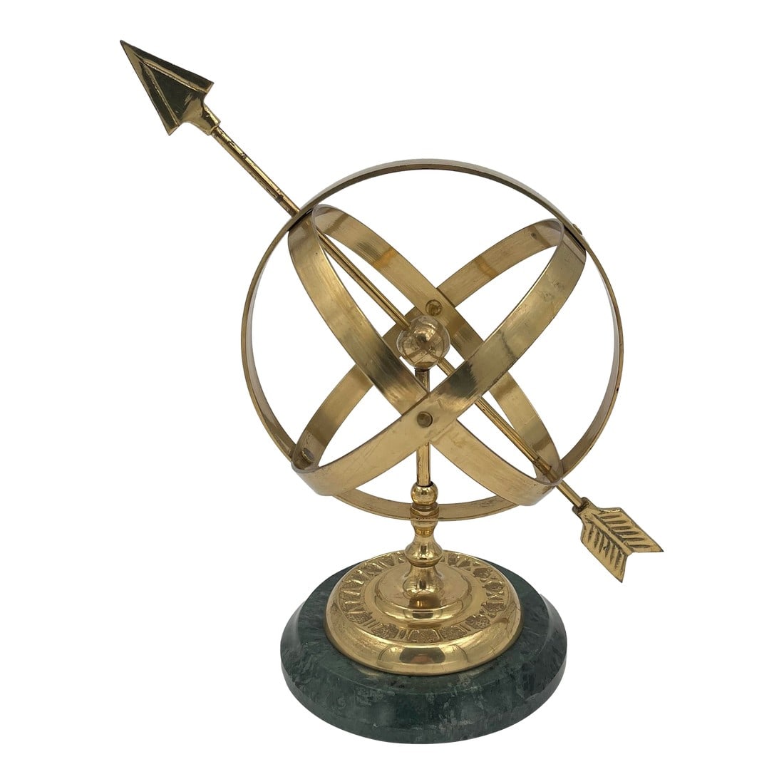 Late 20th Century Brass Armillary Sphere Sundial Sculpture Marble Base: Classic mid to late 20th century brass armillary sphere on a heavy, solid green marble base, featuring a brass sundial with Roman numerals. Perfect for bookcase or coffee table decor. The sculpture me