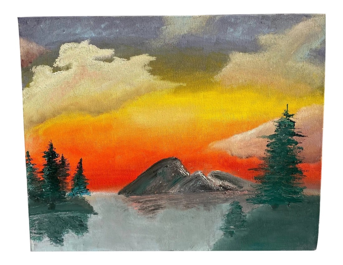 Bob Ross Style Acrylic Sunset Painting Colorful Landscape: Bob Ross Style Acrylic Sunset Painting Colorful Landscape. It's not signed or dated but judging from the estate it was purchased from, I would say it's circa 1980. I just loved the bright colors and i