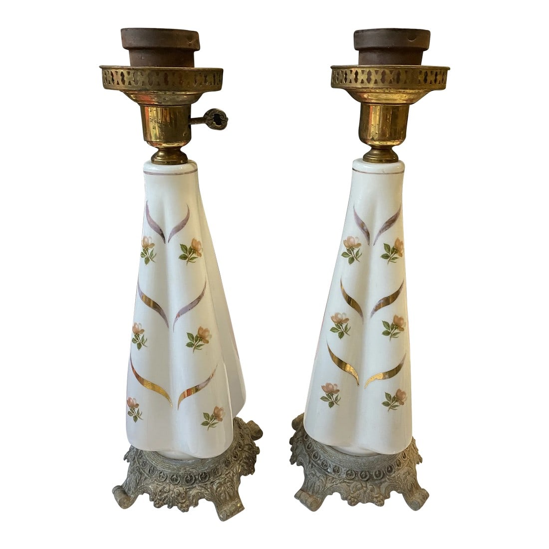 1950s Rococo Milk Glass Lamps - a Pair: A beautiful pair of white Rococo lamps, perfect for any home! Gorgeous flower and gold details! Condition: Alterations: Original Condition Unaltered Imperfections: Some Imperfections Condition Notes: