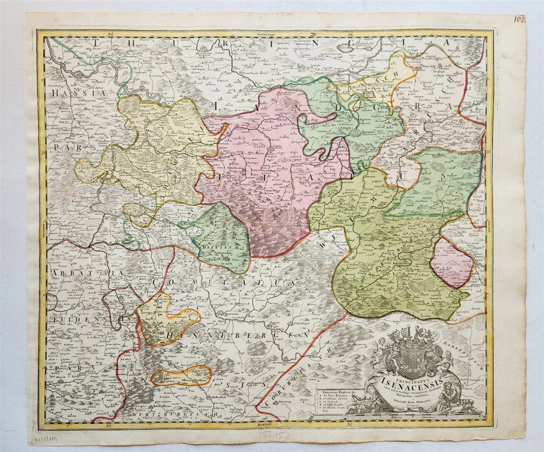 1730s PRINCIPATUS ISENACENSIS GERMANY antique MAP by JOHANN HOMANN: Johann Baptista Homann Germany, ca. 1664–1724 PRINCIPATUS ISENACENSIS Nuremberg: Homann; c. 1730 Map shows Thuringia with Erfurt, Gotha, Eisenach and Rudolstadt. F Hand-colored etching on paper,