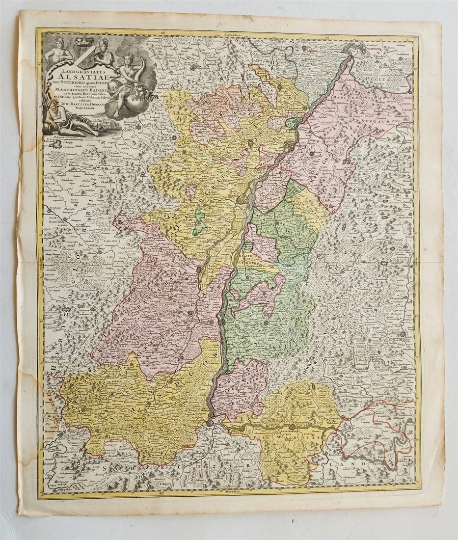 1720s ALSACE FRANCE antique MAP LAND GRAVIATUS ALSATIAE by JOHANN HOMANN: Johann Baptista Homann Germany, ca. 1664–1724 LAND GRAVIATUS ALSATIAE tam Superioris quam Inferi cum utroque Marchionatu Badensi ut et traclu Herciniae Silvae ac Ditione quatuor Urbium Silvestr